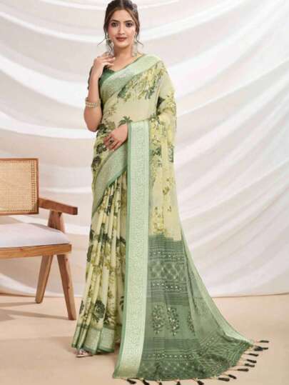 Estationeryhouse Chiffon Saree With Zari Border, Floral Print, Long Sleeve Stitched Blouse