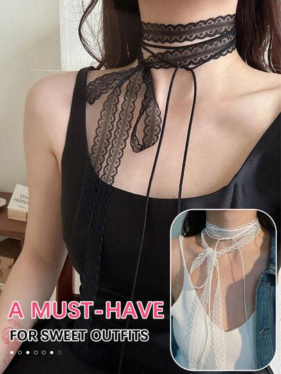 1 Pc Vintage Gothic Lace-Up Necklace For Girls, Double-Layered Bow-Knot Choker Collarbone Chain For Women Valentines