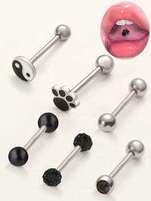 6pcs Cute Stainless Steel Tongue Rings Set, Butterfly, Flower, Kitten, Heart, Foot, Pig Designs, 14G Tongue Piercing Jewelry, Suitable For Women Daily Wear - 6 Tongue Rings - View 13