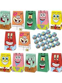 SPONGEBOB 12 piezas/24 piezas Decoración de fiesta de cumpleaños de dibujos animados Sponge-Bob, bolsas de regalo de papel, cajas de dulces, ducha para suministros de eventos y regalos