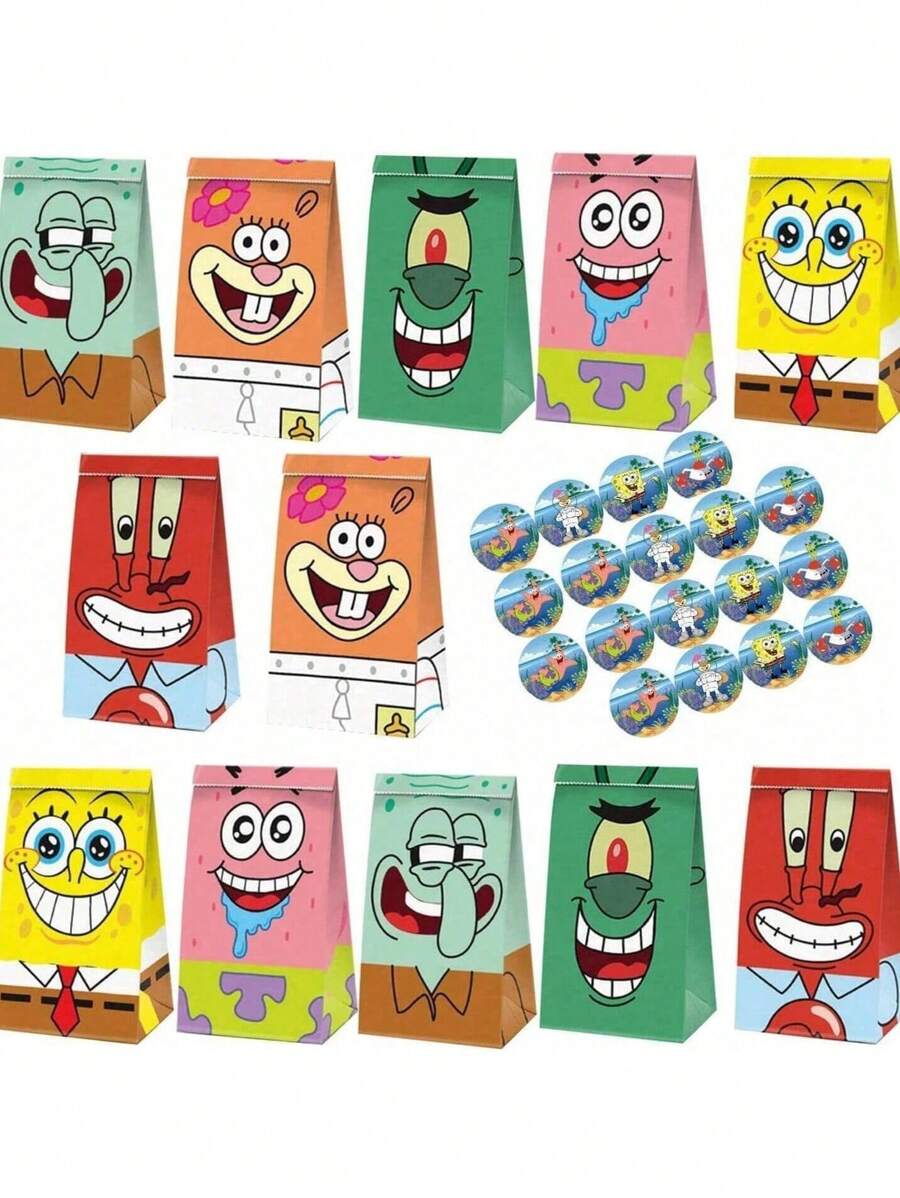 SPONGEBOB 12 piezas/24 piezas Decoración de fiesta de cumpleaños de dibujos animados Sponge-Bob, bolsas de regalo de papel, cajas de dulces, ducha para suministros de eventos y regalos