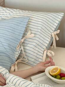 1 Vỏ gối cotton nơ phong cách Hàn Quốc, màu be nhạt/ngà/kaki/hồng thoải mái, họa tiết sọc có nơ, thích hợp cho phòng khách, phòng ngủ, ký túc xá, có thể giặt bằng máy (không bao gồm gối bên trong) - Màu xanh lam - Xem 3