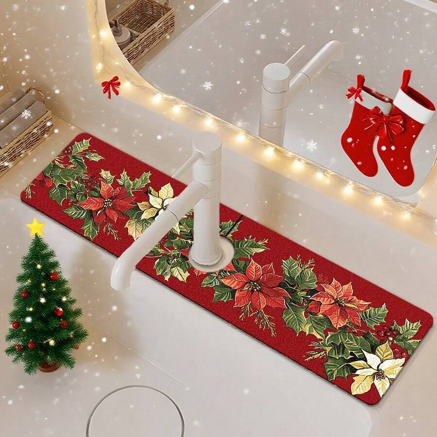 1pc/90pcs Winter, Poinsettia Flowers Printed Faucet, Water-Absorbing Drying Mat, Retro Coffee Water-Absorbing Quick-Drying Mat, Rubber-Based Toilet And Kitchen Countertop Faucet Water-Absorbing Drying Mat, Suitable For Faucets Used In Offices, Commercial Farms And Homes, Decorative Store Kitchen Decorations
