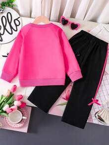 Conjunto de sudadera con cuello redondo y pantalón de chándal con estampado gráfico de corazón para niña preadolescente - Rosa Fucsia - Ver 3
