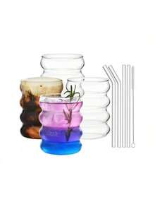 4pcs Glass Cup Set, 16oz Glass Water Bottle, Glass Cup, Wave Bubble Cup, Wave Pattern Glass Drinkware, Beer Cup, Iced Coffee Cup, Suitable For Juice, Coffee, Lemonade, Tea, Great For Birthday, Christmas, Valentine's Day Gifts - Clear - View 10