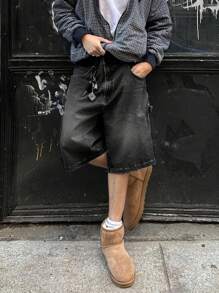 春夏新款时尚休闲水洗牛仔七分裤，宽松百搭，简约风格牛仔裤 - 黑色 - 查看 3