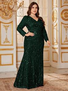 Đầm dạ hội cỡ lớn UNITHORSE dành cho nữ, kiểu dáng thanh lịch, cổ chữ V, tay dài, đính sequin, eo xếp ly, dáng maxi ôm sát, bóng bẩy, thích hợp làm váy cưới, váy dự tiệc sinh nhật, váy tốt nghiệp, trang phục cưới mùa thu xuân dành cho nữ. - Màu xanh lá cây đậm - Xem 7