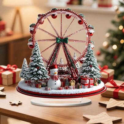 1件亚克力圣诞老人旋转木马装饰品，经典圣诞装饰，带有圣诞树和雪景图案，无需用电，适用于餐厅、厨房、办公室、咖啡厅桌面装饰，圣诞礼物，圣诞节和感恩节装饰，2D