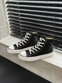 OPOEE 黑色帆布鞋 女鞋 小白鞋 中帮运动鞋 男鞋 帆布鞋 春秋款 韩版 简约时尚 高帮休闲系带运动鞋 经典中帮帆布鞋 百搭休闲滑板鞋 - 黑色 - 查看 3