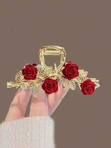 1pc Women Elegant Sophisticated Alloy Flocked Rose Rhinestones, Faux Pearl & Tassel Butterfly Hair Claw Clip Suitable For Everyday Use Hair Clips Hair Jaw Clip Hair Clamps Hair Clutch Hair Catcher Clip Fall Winter Hair Accessories For Women For Vacation Outfits Woman - Pink - View 10