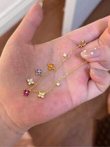 1 Stück minimalistisches, buntes Vier-Blatt-Blumen-Armband, 925er Sterlingsilber, elegantes Schmuckgeschenk für Frauen, Braut, Geburtstag, Date - Buntes vierblättriges Blumenarmband - Übersicht 3
