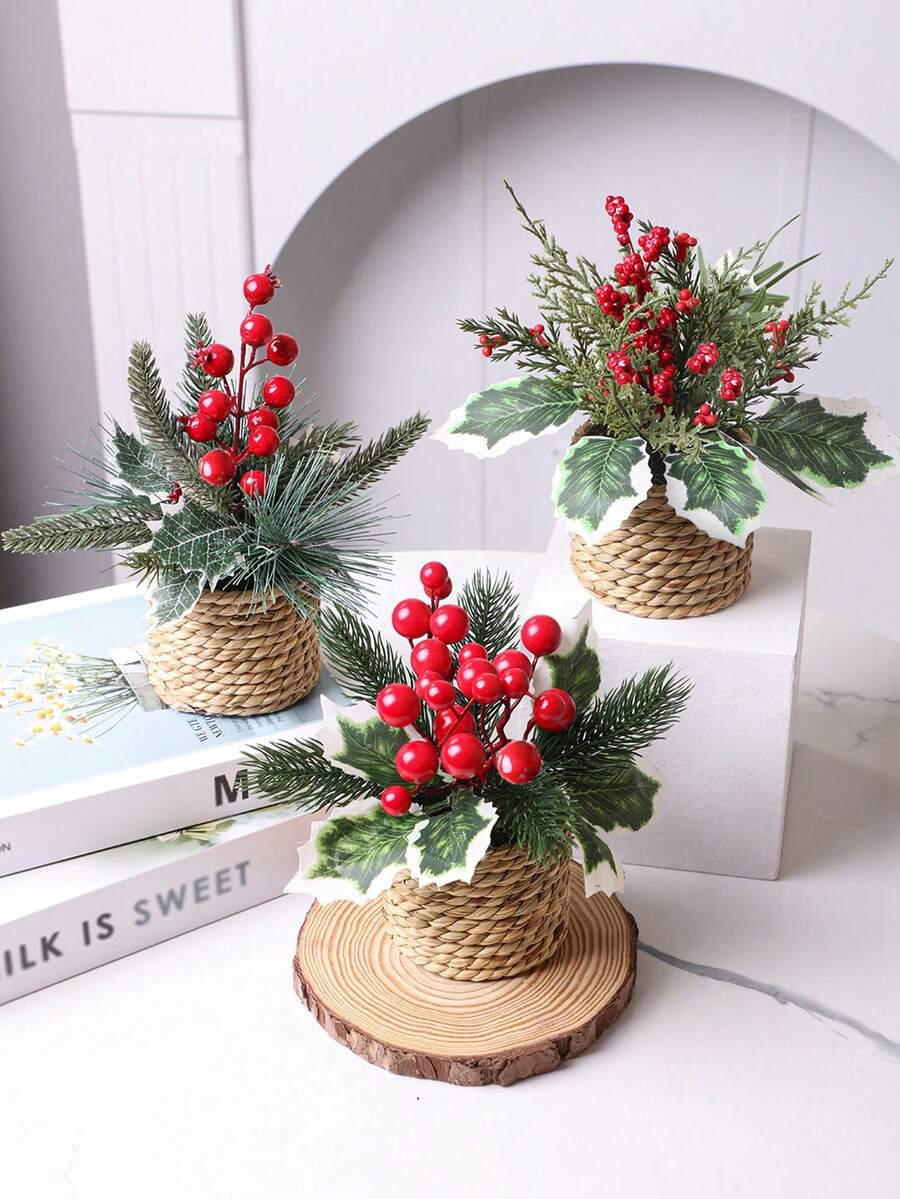 1/3PCSArtificial Christmas Rattan Large Potted Plant (14cm/5.5 Inch) Artificial Plant Grass Mound, Large, Seagrass Rope, Gift, Simulation Plant, Grass Mound, Green, PE Material, Polyester Fibre Material, Wedding Season - Multicolor-a - View 1