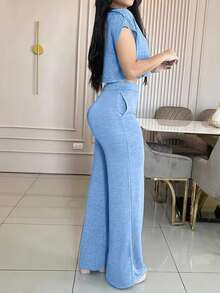 2pcs/Set Women's Casual Elegant Solid Color Outfit With Pockets, Spring/Summer - Light Wash - View 4