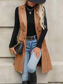 Chaleco sin mangas largo para mujer, blazer casual de ajuste elegante y delgado para ir al trabajo, primavera/otoño - Caqui - Ver 6