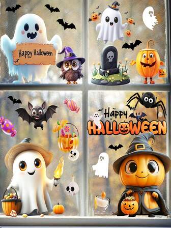 4pcs/Set Cute Cartoon Halloween Window Stickers Featuring Pumpkin, Bat, And Candy Patterns, Classic Holiday Decor, Perfect For Home, Bathroom, Party, And Store Wall Decor, Room Decor, Halloween Home Decor, And Fall Decorations.