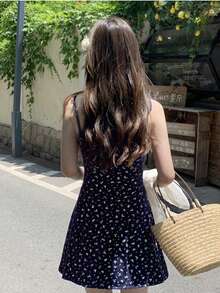 浪漫蝴蝶结碎花拼接吊带吊带裙 - 紫色 - 查看 6