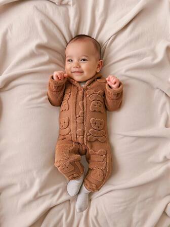 Newborn Baby Boy Casual Cute Double-Sided Flannel 3D Ear Decor Zipper Warm Hooded Jumpsuit, Winter