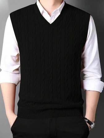 Plus Size Men's Twist Rope Solid Color Knit Sweater Vest, Fall Winter