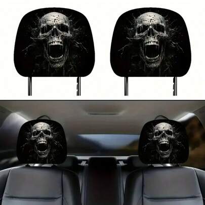 2pcs Skull Print Car Neck Pillow Cover, Suitable For SUV, Truck, Sedan, Comfortable Breathable 4-Season Washable Car Interior Decor
