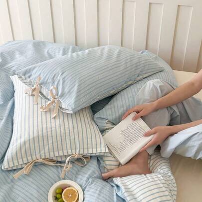 1 件韩式蝴蝶结棉质枕套，浅米色/象牙色/卡其色/粉色舒适，条纹蝴蝶结装饰，适用于客厅、卧室、宿舍，可机洗（不含内枕）