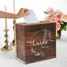 1pc Rustic Wooden Wedding Card Box With Slots, Large Size, Elegant Floral Design And Thank You Message, Suitable For Reception Gifts And Celebration Events, Great For Holiday Parties, Bridal Showers, Birthdays And Graduations, Wedding Decor