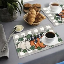1 pieza/4 piezas/6 piezas Manteles individuales de lino con estampado de calabaza, decoración de Acción de Gracias, regalo de Acción de Gracias, adecuado para mesa de comedor, decoración para todas las estaciones, manteles individuales modernos lavables, decoración del hogar, manteles individuales, posavasos, manteles de mesa de cocina y comedor, decoración de fiesta interior y exterior, decoración del hogar, regalo ideal - Multicolor - Ver 5