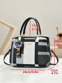 2pcs/Set New Luxury Women Handbag, Patchwork Versatile Crossbody Bag, Designer Brand Plaid Shoulder Bag - Black - View 5