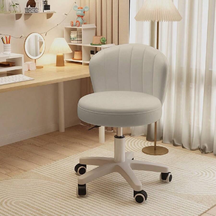 Small Desk Chair Round Rolling Chair With Back PU Leather Height Adjustable Swivel Vanity Work Computer Stool Chair For Home Office Bedroom - Grey - View 1