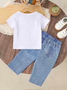 Baby Boy Casual Cute Comfortable Bear Print Short Sleeve Top And Print Pants Set, Lightweight For Summer - Multicolor - View 3