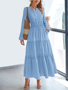 Women's Elegant Maxi Dresses Long Sleeve V Neck Flowy Pockets Casual Modest Dress Fall Vacation Fashion  New Years Valentine Clothes Fall Dresses For Women - 淺藍 - 查看 6