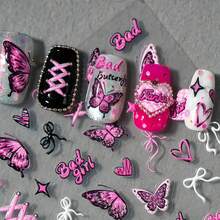 1pc Bad Gothic Nail Stickers - Edgy Pink & Black Matte Finish Self-Adhesive Decals With Butterfly, Heart, Cross & Star Designs For DIY Nail Art - Anime-Inspired PVC Stickers For Hands & Feet, Nail Design Stickers, Nail Decor, Edgy Beauty Accessories, Intricate Detailing, Hand And Feet Decor, Anime Fans - 彩色 - 查看 1