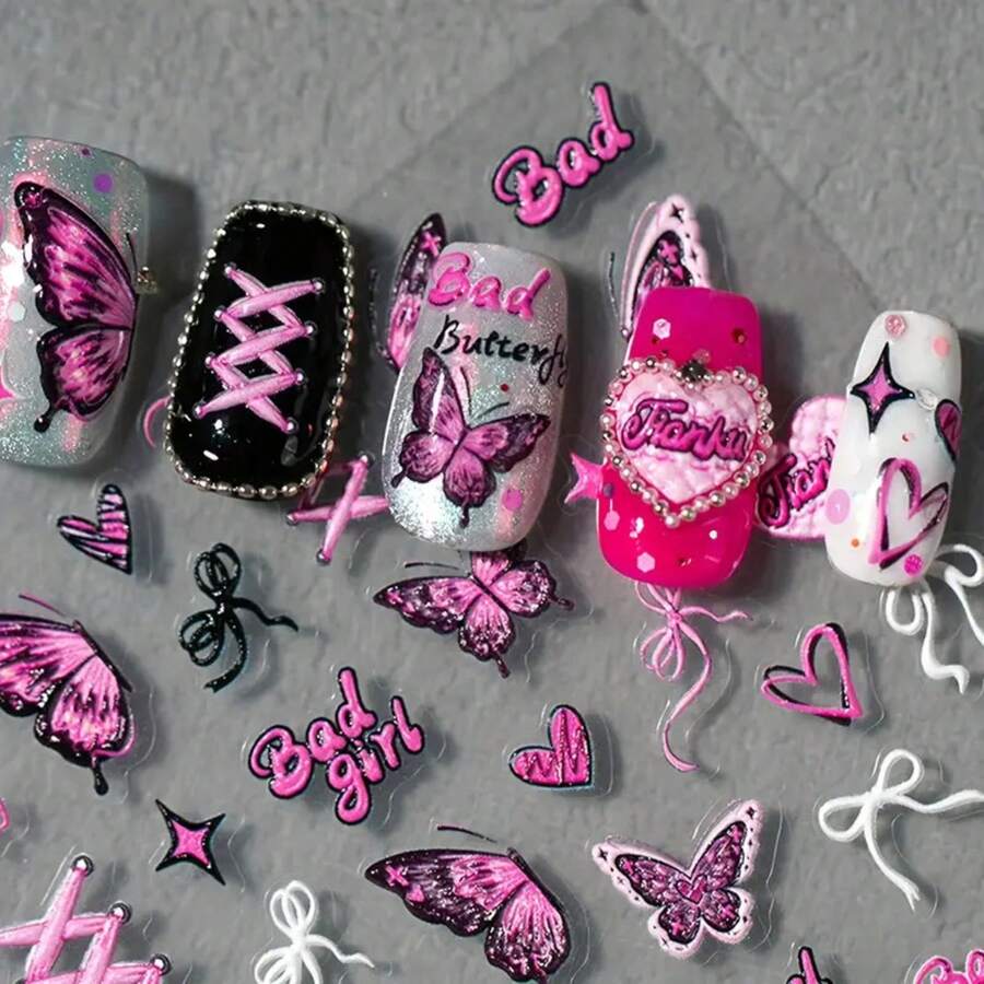 1pc Bad Gothic Nail Stickers - Edgy Pink & Black Matte Finish Self-Adhesive Decals With Butterfly, Heart, Cross & Star Designs For DIY Nail Art - Anime-Inspired PVC Stickers For Hands & Feet, Nail Design Stickers, Nail Decor, Edgy Beauty Accessories, Intricate Detailing, Hand And Feet Decor, Anime Fans - 彩色 - 查看 1