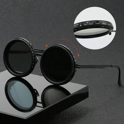 زوج نظارات ذات لون أحادي عتيق، عدسات قابلة للتدوير، قابلة للتعديل في السطوع، إطار من السبائك المعدنية، عدسات TAC باللونين الأسود والرمادي، مناسبة للجنسين، مناسبة للمكتب والسفر والاستخدام اليومي