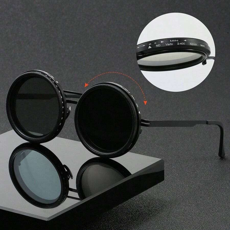 1 pieza Gafas de moda de unicolor estilo retro con estilo, lentes giratorias - brillo ajustable, marco de aleación, lentes TAC de color negro y gris