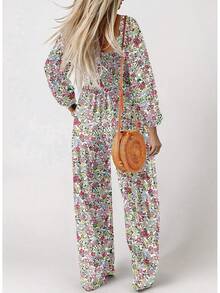Women's Casual Loose Overalls Jumpsuits Long Sleeve Printed Wide Leg Long Pant Rompers With Pockets - màu xanh lá - Xem 6
