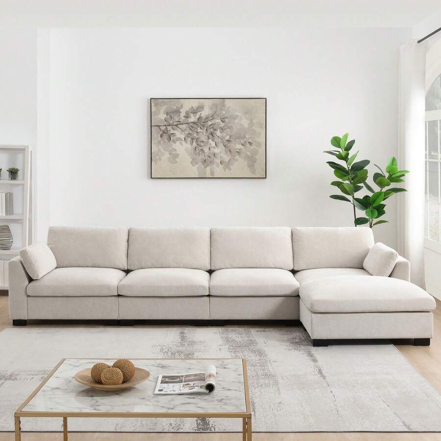 130" Modular Sectional Sofa, L-Shape With Folding Table And Dual-Port Charging, Side Storage Pockets, 2 Armrest Pillows, Free Movement Ottoman, High Density Foam, Chenille, 5 Seat - 米色 - 查看 1