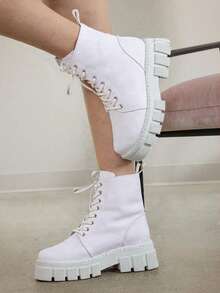 Botines urbanos con plataforma dentada y ajuste de agujetas para un look moderno y audaz  Vintage  Casual - Blanco - Ver 1