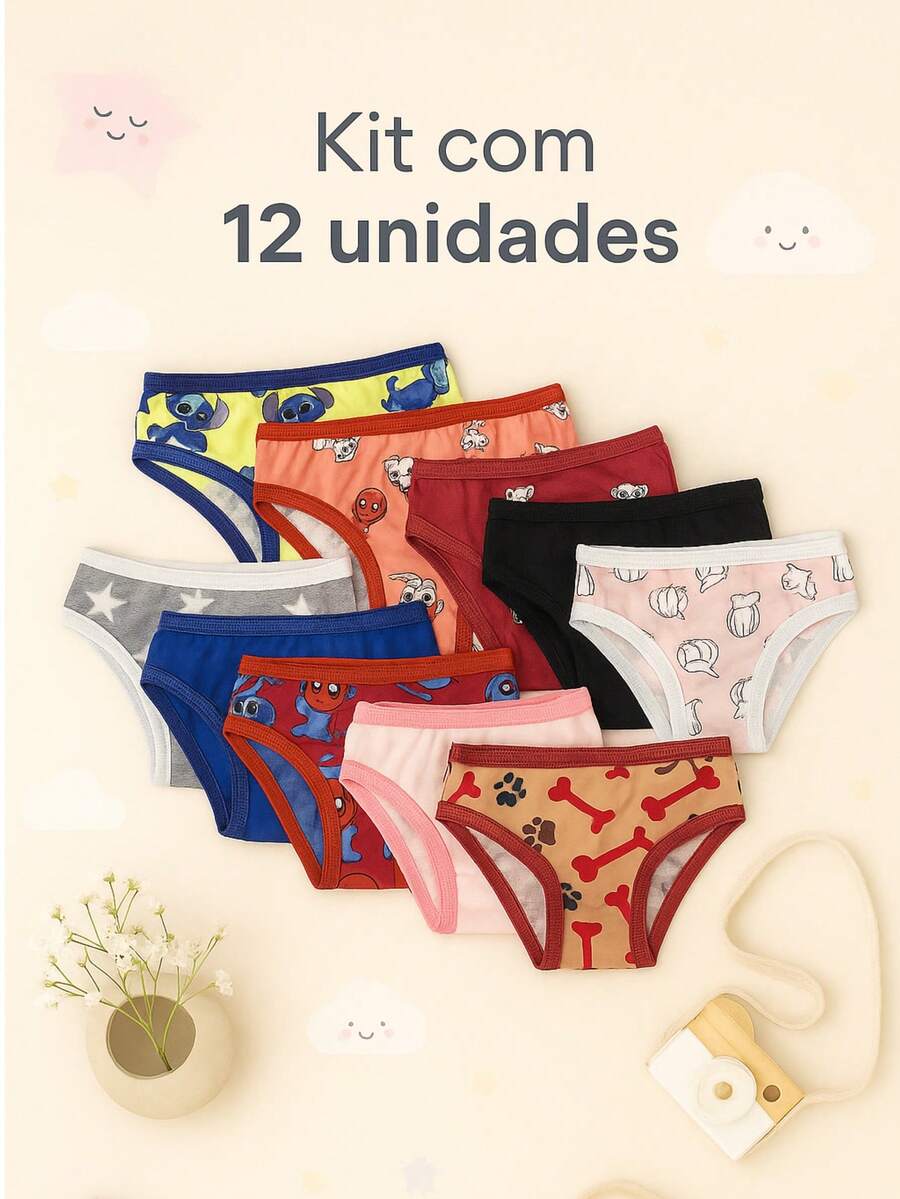 Kit 12 Calcinhas calçolinha infantil calcinha de criança cores variadas - Multicolorido - Visão 1