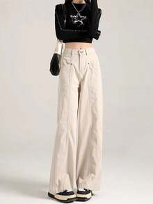 Pantalones vaqueros blancos de estilo vintage americano para mujer, con diseño de cintura alta, estilizados, holgados y rectos, ideales para el invierno. - Blanco - Ver 4