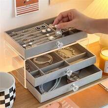 1 Pieza Joyero De Acrilico De Tres Capas Con Felpa, Organizador De Joyas Tipo Cajón, Caja De Almacenamiento Para Collares, Aretes Y Anillos, Regalo Para Mujeres Y Niñas - 灰色 - 查看 9