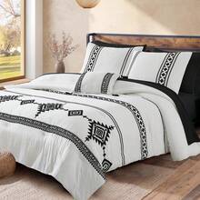 Maireve Embroidery Comforter Sets - 7 Pieces, Farmhouse Western Boho Comforter Set, All Season Bed In A Bag With Sheets, Pillowcases & Shams - Đen và trắng - Xem 4