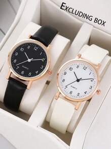 2 件/套圆形石英表，PU 皮革表带，合金指针和表壳，黑色/白色，女士礼品手表 - 白色 - 查看 1