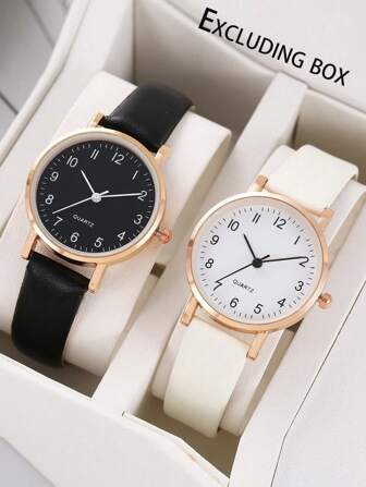 2 件/套圆形石英表，PU 皮革表带，合金指针和表壳，黑色/白色，女士礼品手表