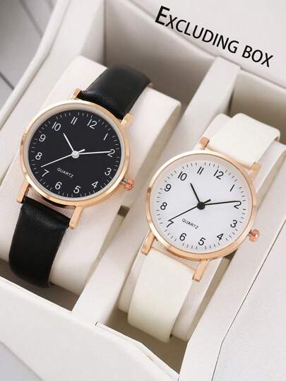 2 件/套圆形石英表，PU 皮革表带，合金指针和表壳，黑色/白色，女士礼品手表