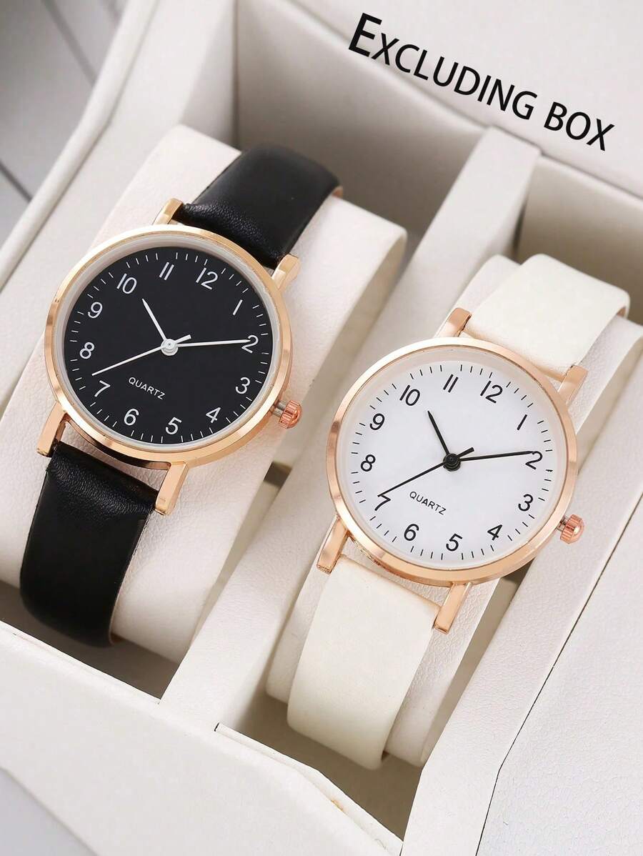 2 件/套圆形石英表，PU 皮革表带，合金指针和表壳，黑色/白色，女士礼品手表 - 白色 - 查看 1
