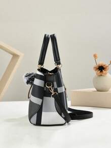 2pcs/Set New Luxury Women Handbag, Patchwork Versatile Crossbody Bag, Designer Brand Plaid Shoulder Bag - Black - View 4