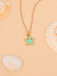 1pc Women Elegant Starfish Pendant Necklace - Gold Metallic With Shiny Blue Starfish Charm, Suitable For Party, Birthday And Spring Festival Gifts, Versatile Ocean-Themed Accessory, Exquisite Craftsmanship