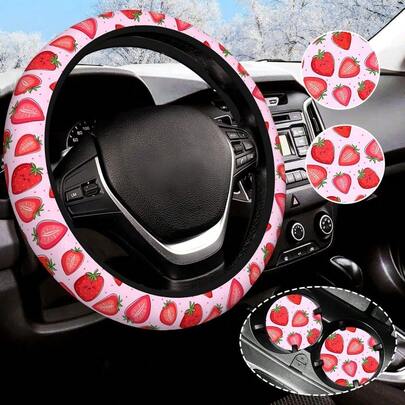 Cubierta de volante de color rosa con diseño de fresa linda para mujeres y hombres, con 2 posavasos para coche, cubierta de volante universal de 14.5-15 pulgadas con arcoíris, antideslizante, accesorios para coche para niñas