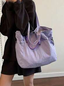 返校尼龙托特包，大容量单肩包，轻便旅行手提包，健身包，女士通勤日常户外单肩托特包 - 紫色 - 查看 4