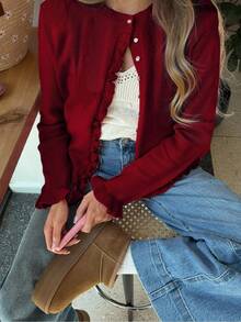 Senya Women's New Red Front-Open Cardigan, Ruffled Design Casual Knit Sweater Top, Round Neck Long Sleeve, Suitable For Daily Dates, Holidays, Vacations, Valentine's Day And Other Occasions, Thin Knit Jacket, New Year Outfit - Red - View 2